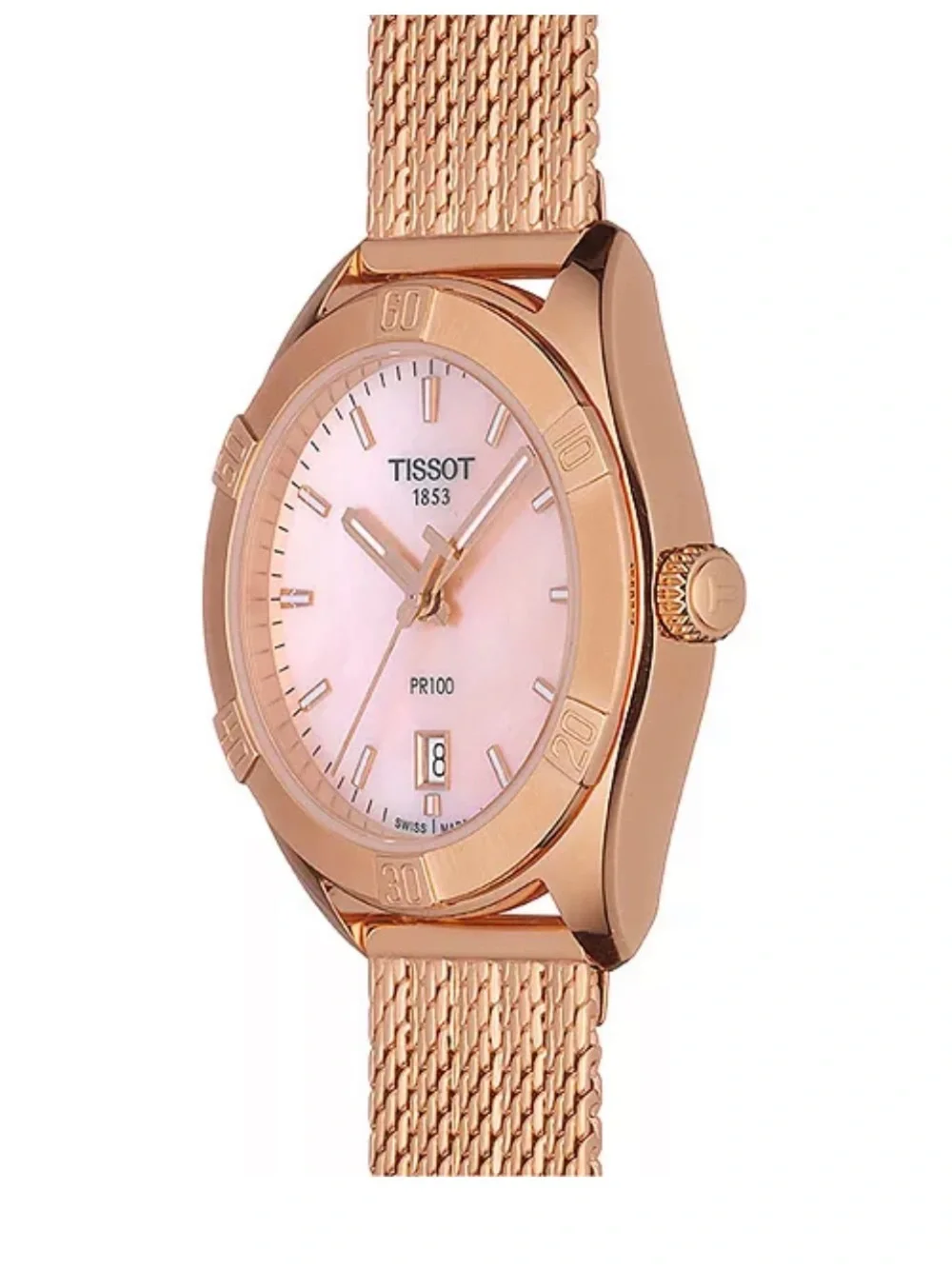Tissot PR100 sport chic Rose Gold Mesh Watch with Pink Mother-of-Pearl Dial